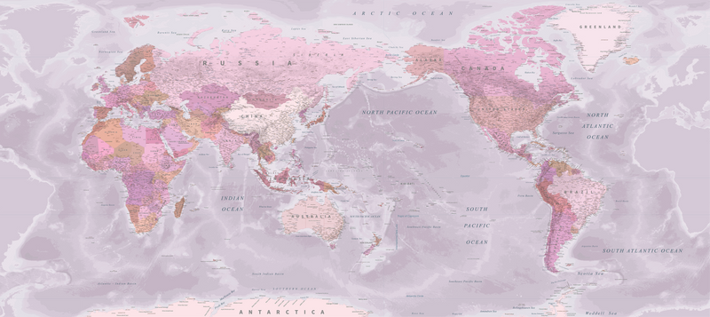 World Map - NZ and Australia Centered - Pink