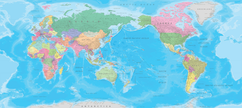 World Map Wallpaper - NZ Centered - Colour