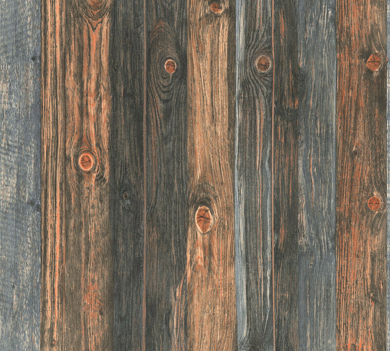 Distressed Wood Blue/Brown Wallpaper